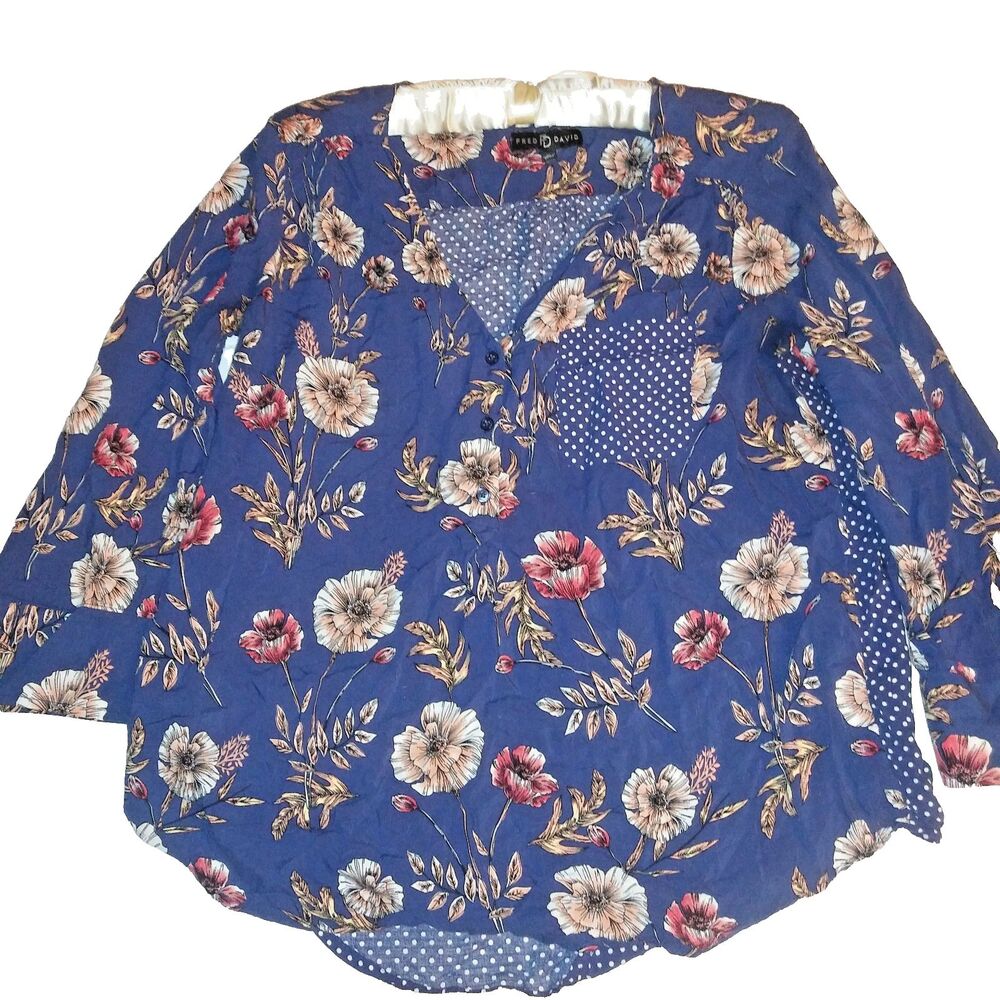 Fred David XL Blouse Navy Polka Dot Front Pocket Floral long sleeve Cottage Core